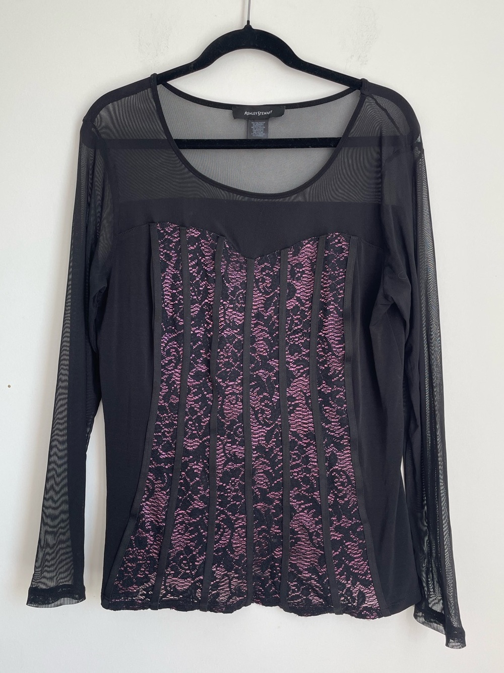 Long Sleeve Black Mesh Floral Corset Top Size 14/16 Stretch Vamp Goth Witchy